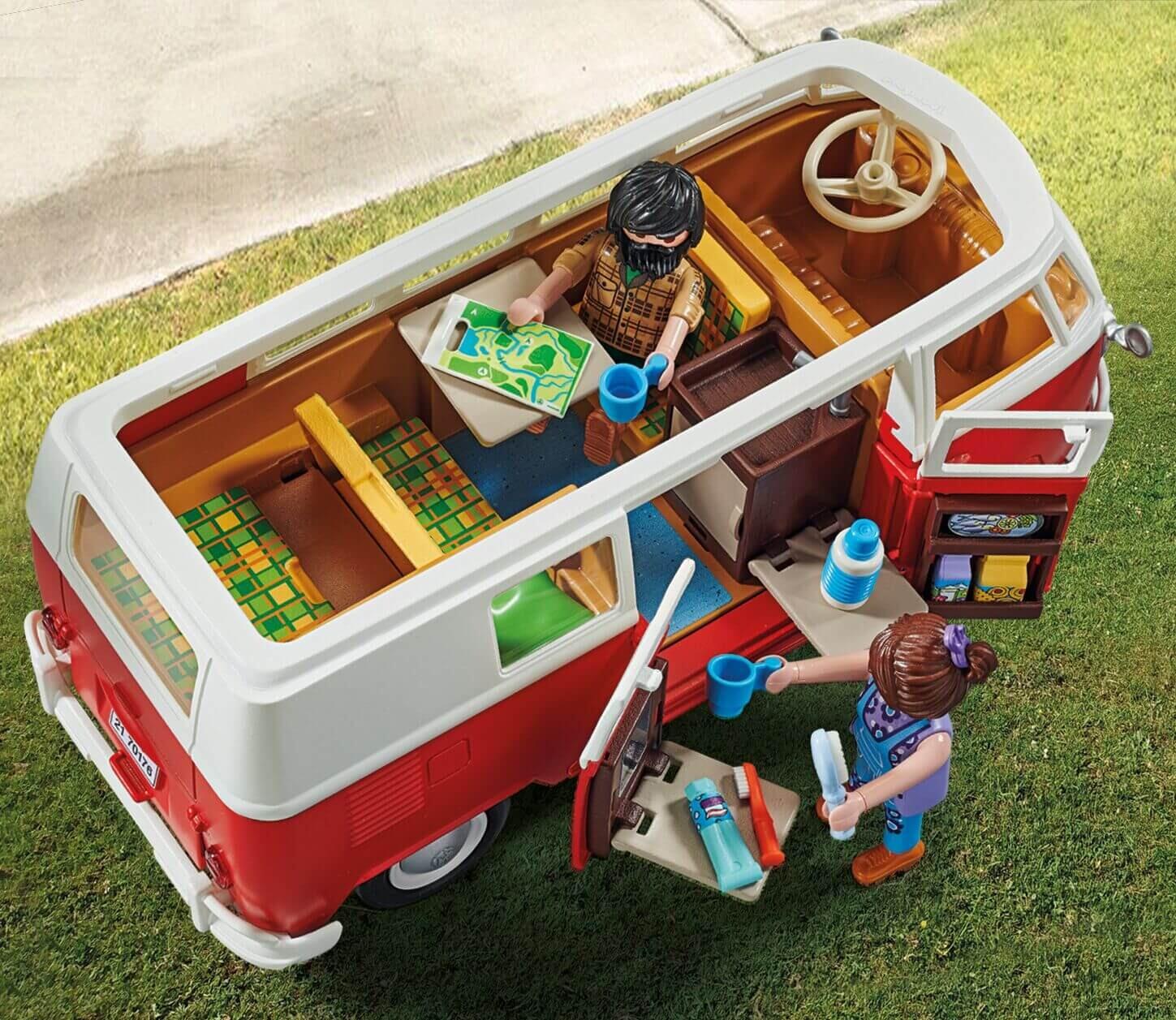 Top view of the Playmobil VW T1 Camping Bus with figures playing inside and outside the camper