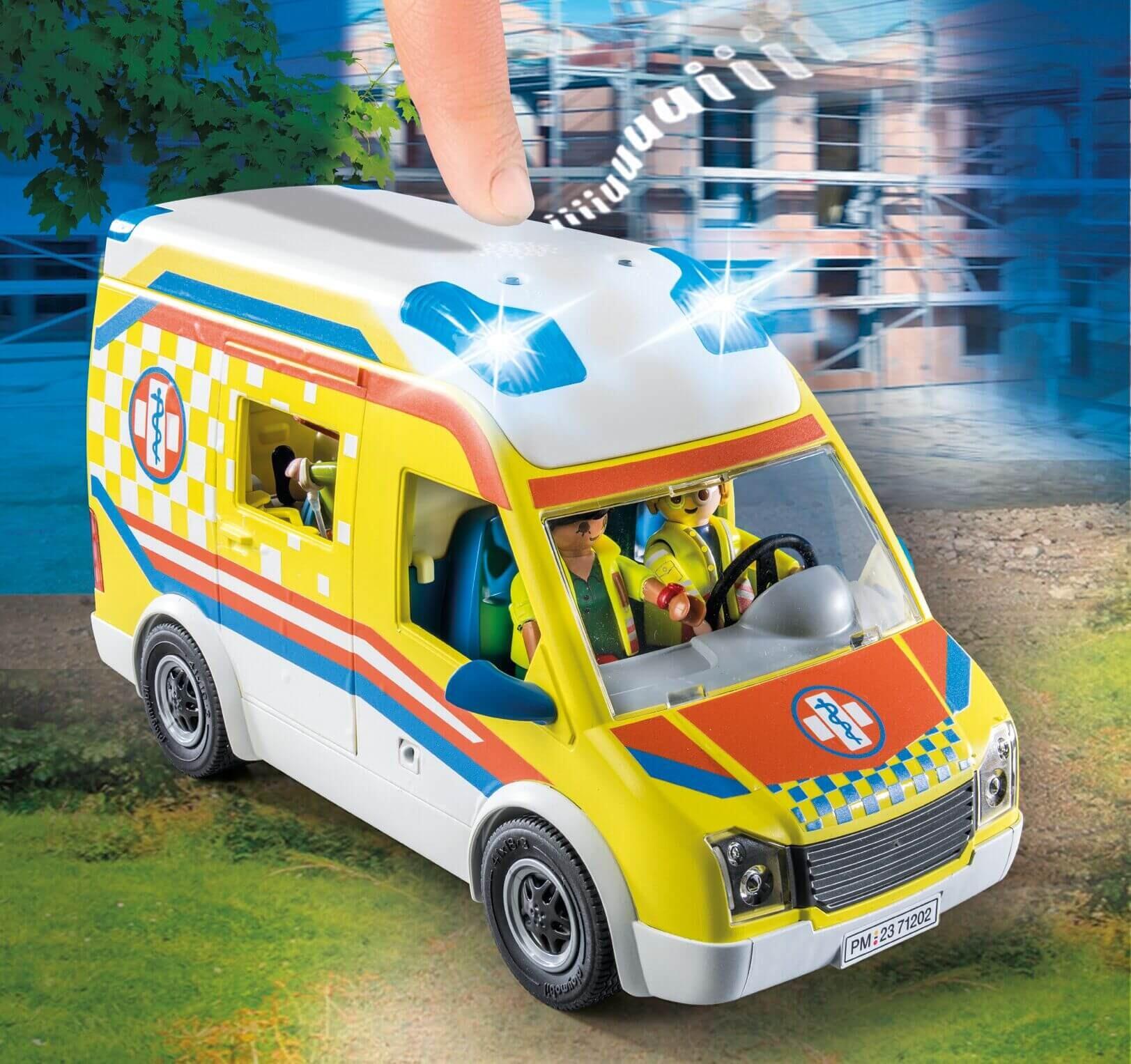 PLAYMOBIL ambulance toy vehicle with working roof lights being pushed in play