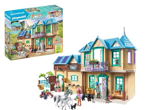 playmobil waterfall ranch toy set with house, horses and riders