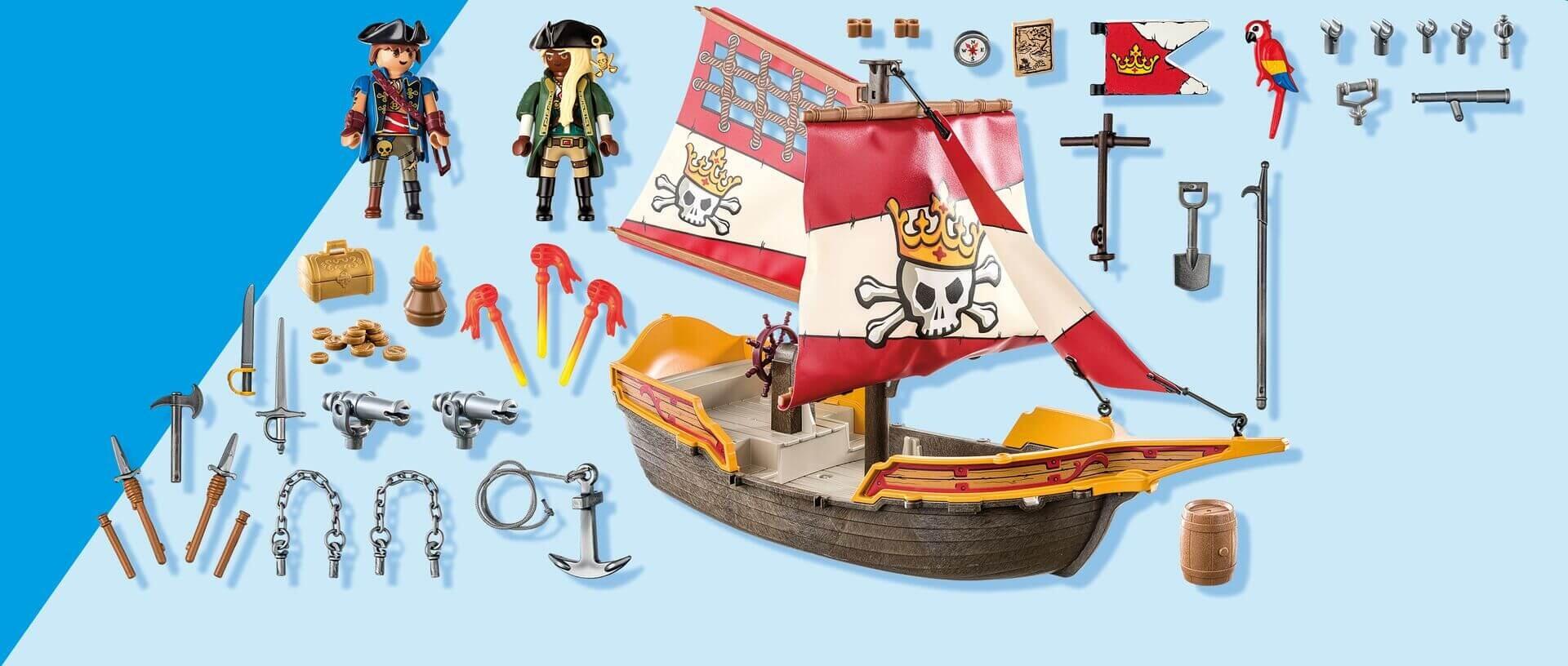 PLAYMOBIL 71418 Pirate Ship set with accessories, treasure chest, and pirate figures