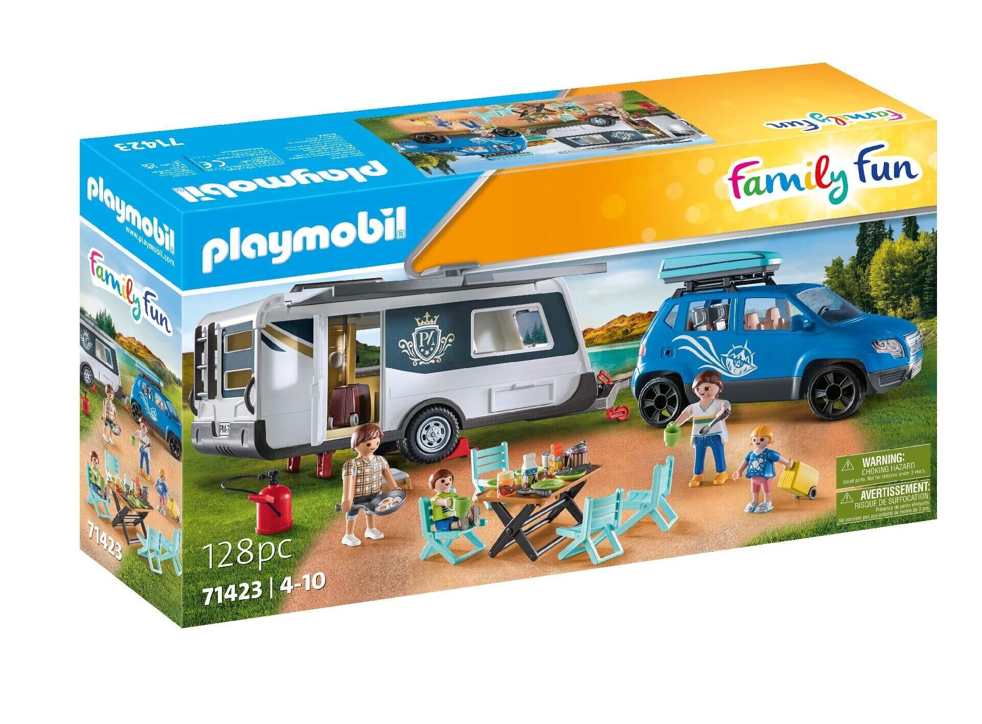 Box packaging of PLAYMOBIL Caravan with Car & Family – Playmobil holiday set for kids