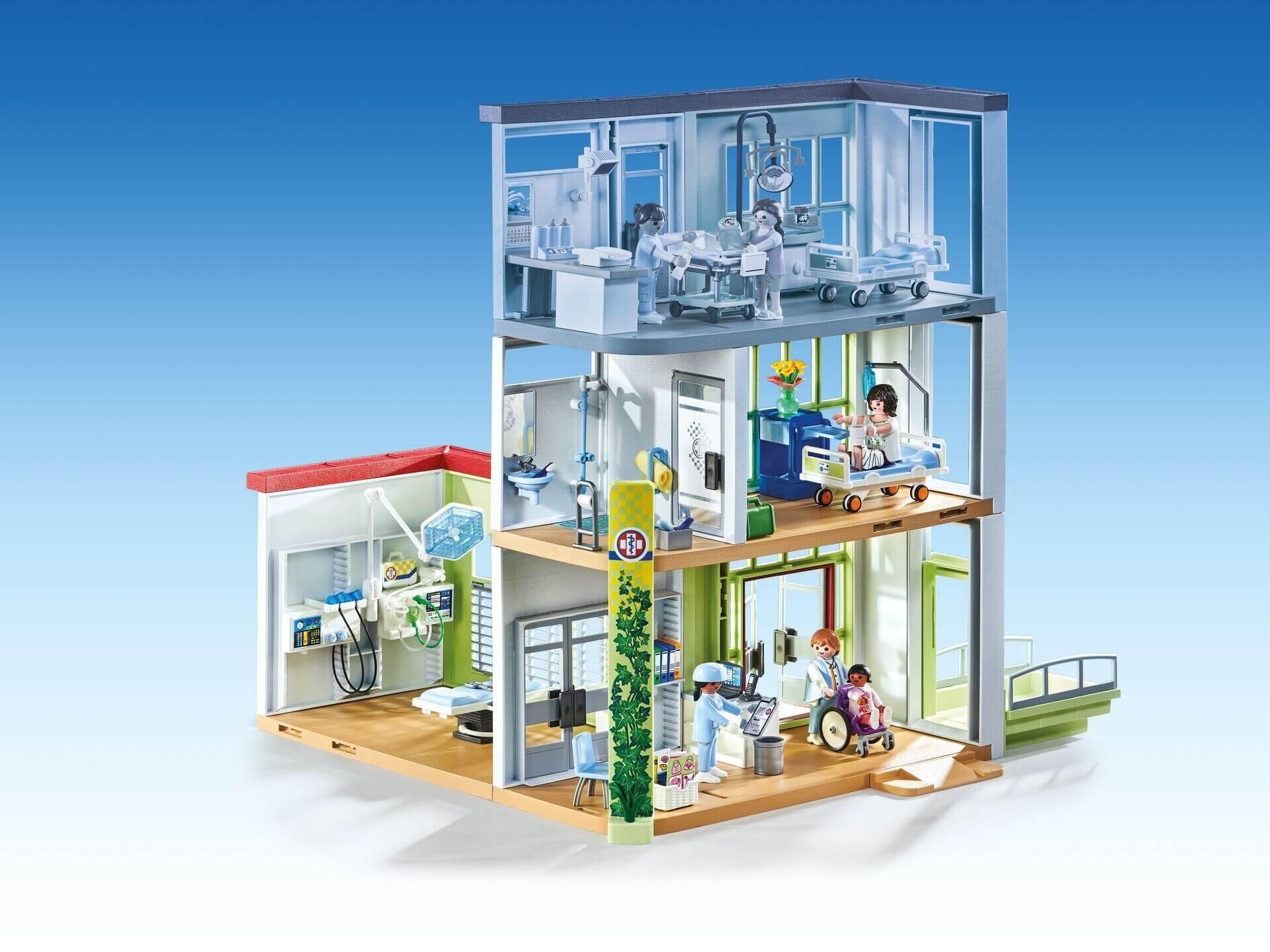 Playmobil Modern Hospital multi-level cutaway showing all rooms and departments