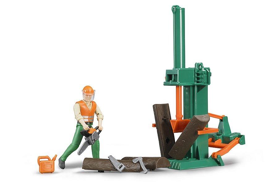 Forestry worker using vertical timber splitter from the Bruder Forestry Set