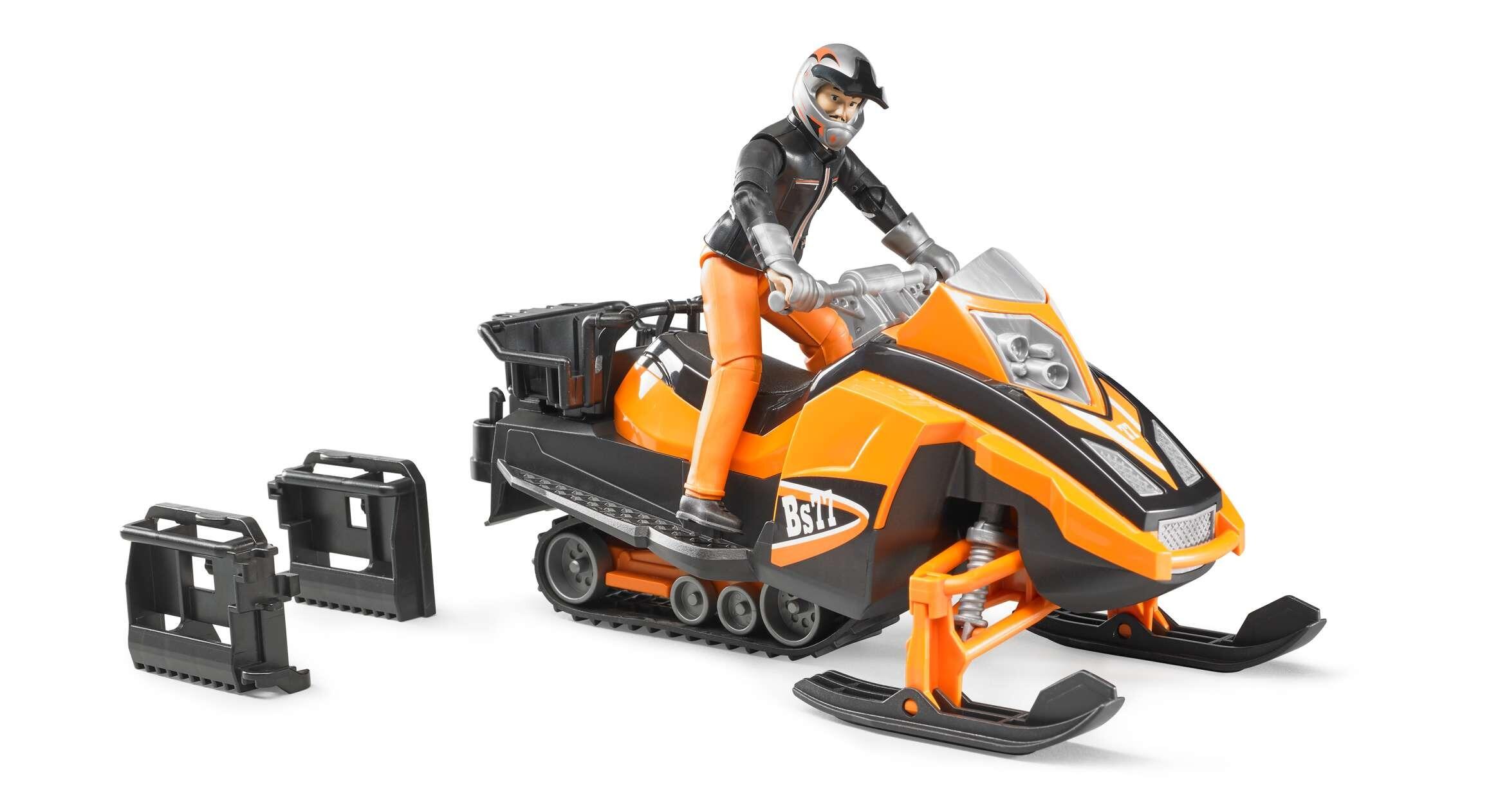 Bruder Snowmobile toy with driver, backpack, and shovel accessories – detailed winter playset