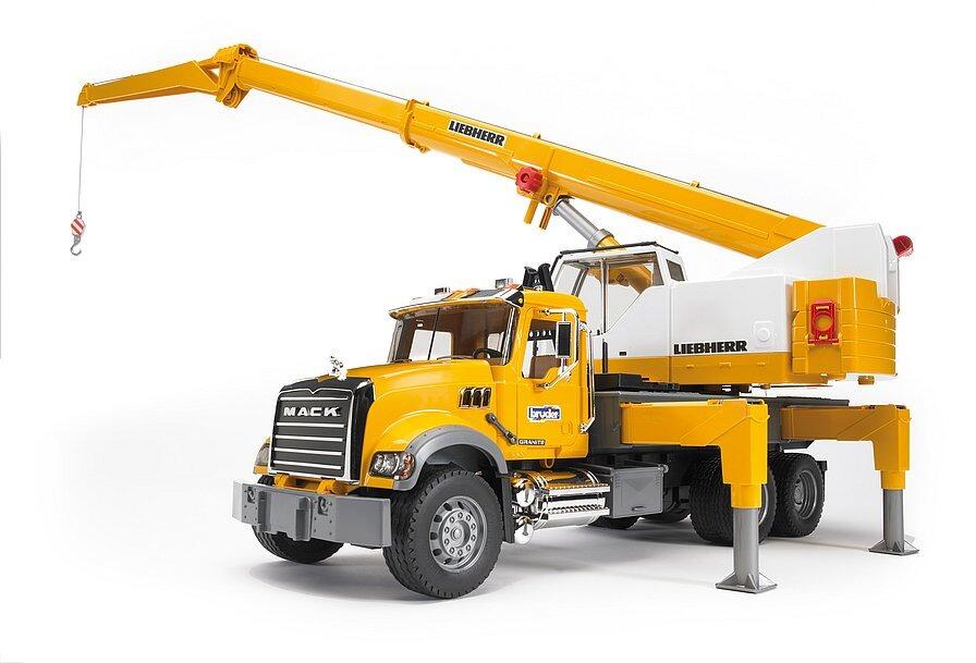 Bruder MACK Granite Liebherr Crane Truck front view with crane in action