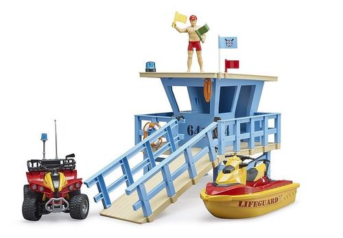 Bruder Lifeguard Station playset with quad bike, rescue jet ski, and lifeguard base.