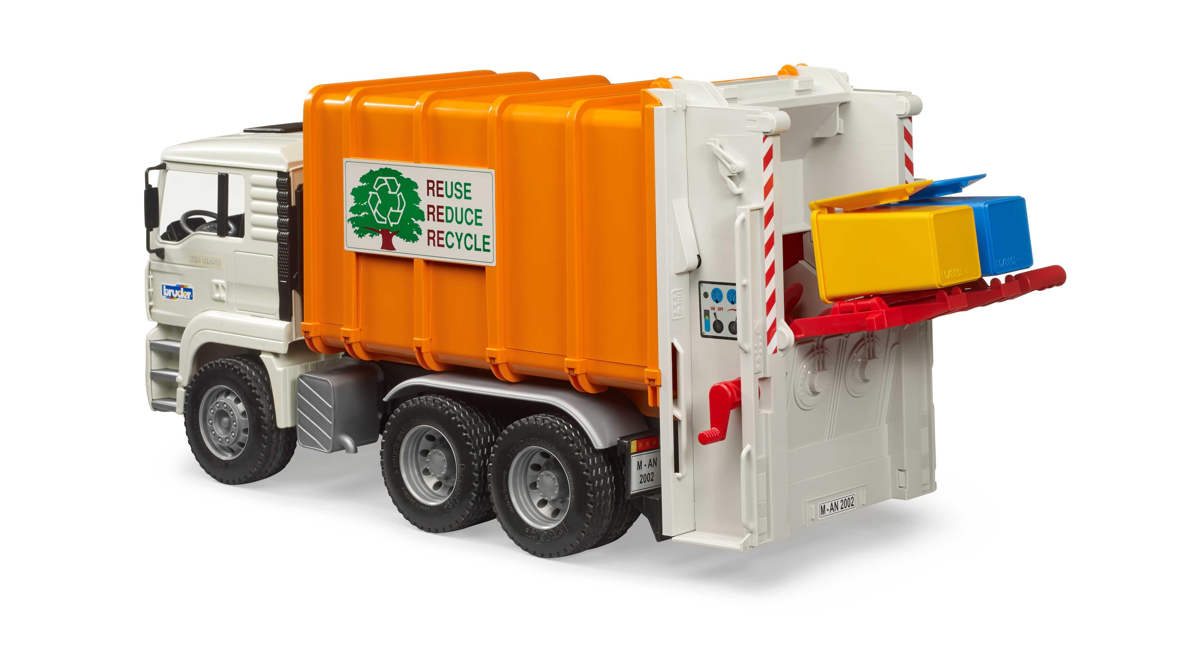 Toy garbage truck with bin attached to the rear lifting arm ready for emptying