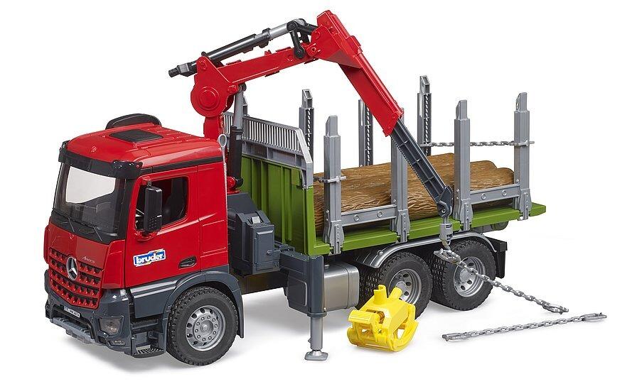 Bruder Mercedes-Benz Arocs Timber Truck with crane arm extended and timber grab on ground