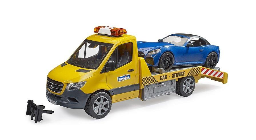 Front angle of the Sprinter recovery toy carrying the blue roadster.