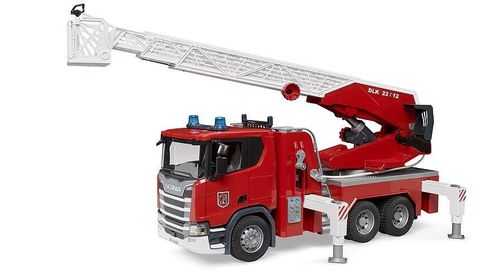 Scania fire engine toy with extended turntable ladder raised overhead