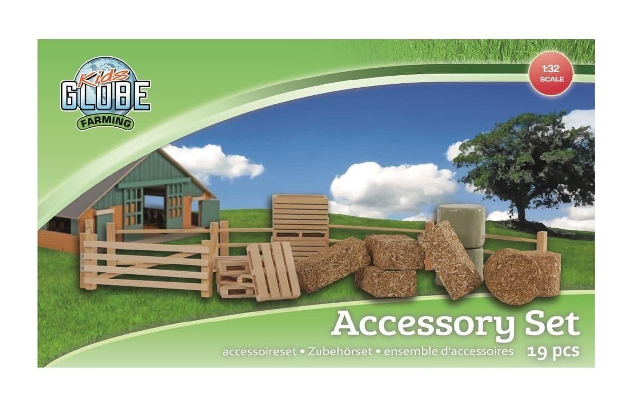 Kids Globe 1:32 farm accessories set packaging showing the 19-piece miniature farm equipment collection.