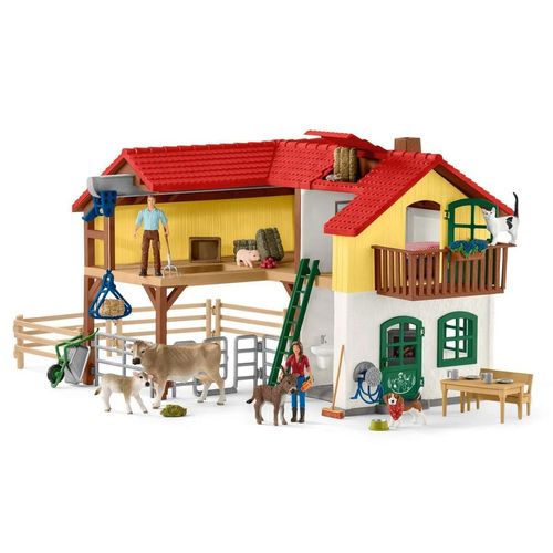 Schleich Large Farm House 42407 playset with farmhouse, barn, animals and figures shown together.