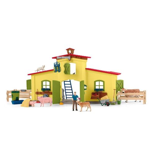 Schleich Large Farm 42605 with yellow farmhouse, red roof, animals and farm accessories displayed in front.
