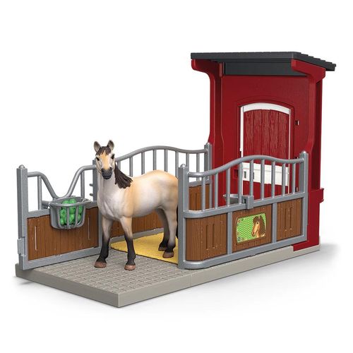 Schleich Pony Box with Mustang Mare 42274 showing red pony box stall with cream-coloured mare and accessories.