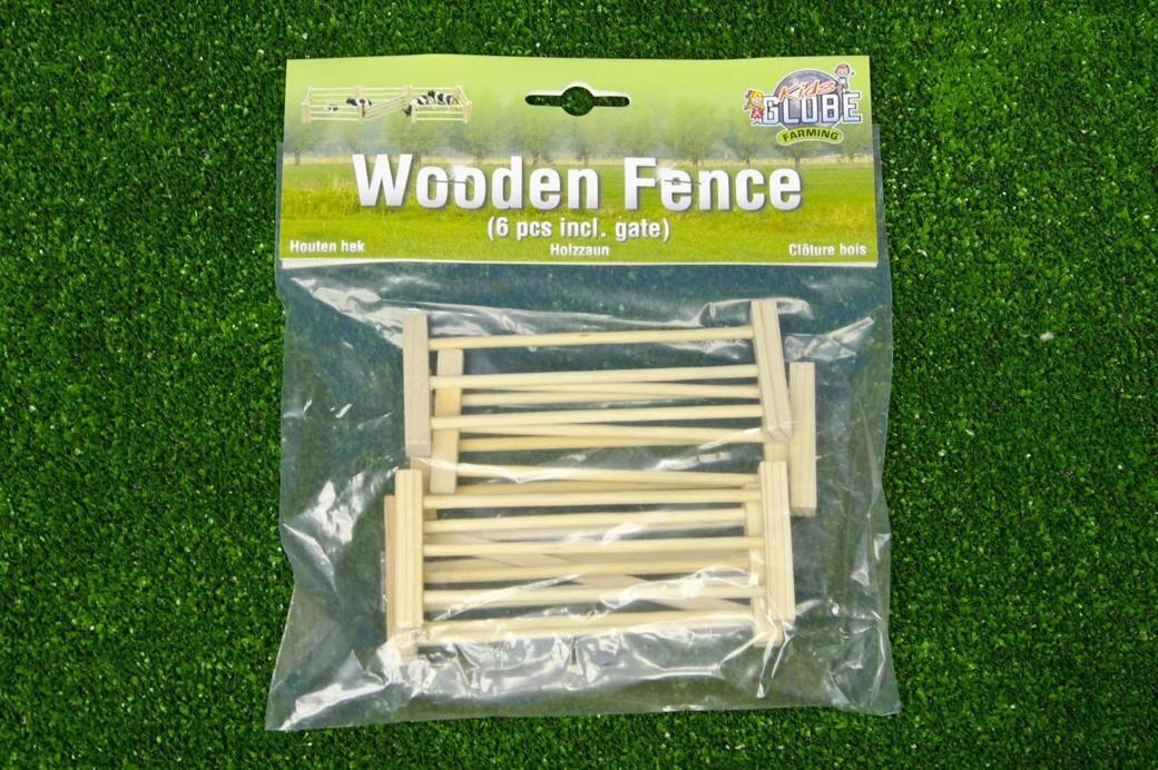 Kids Globe 1:32 wooden fence pack of six shown sealed in its retail packaging.