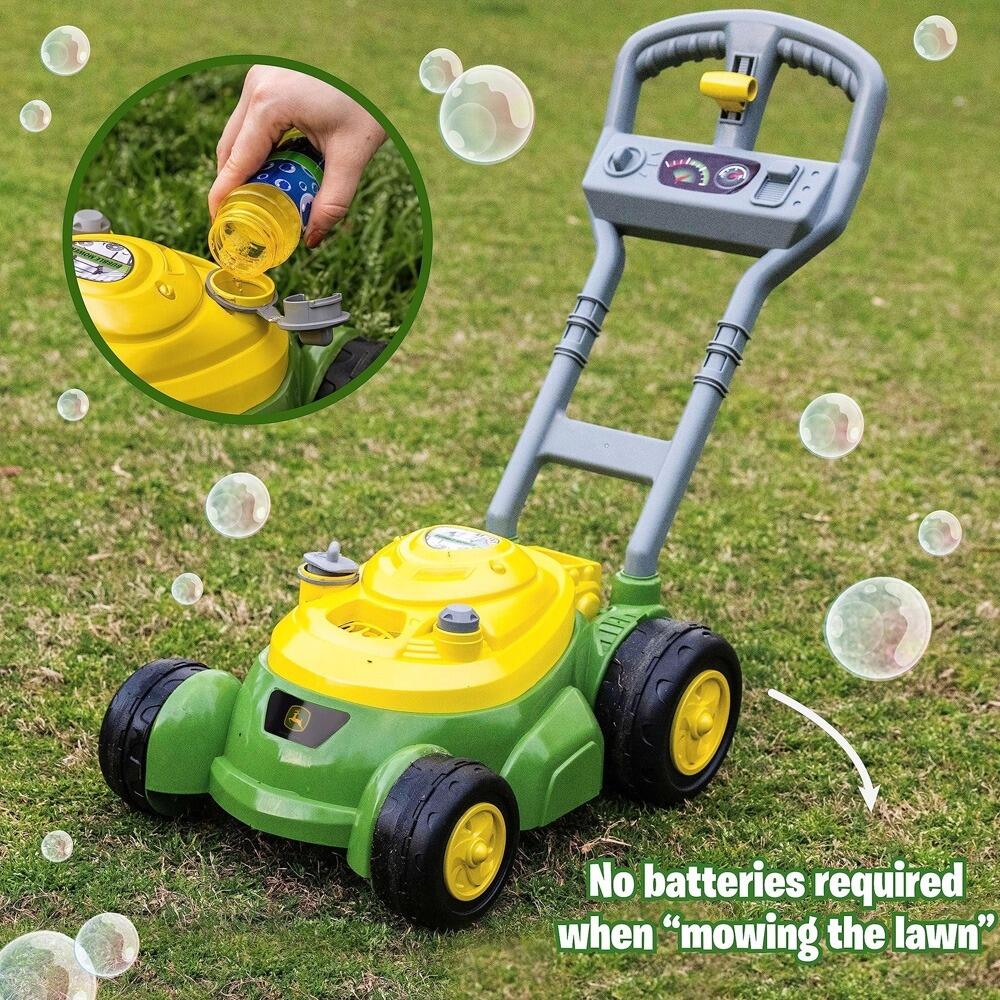 John Deere bubble mower on grass with “No batteries required” text on the image