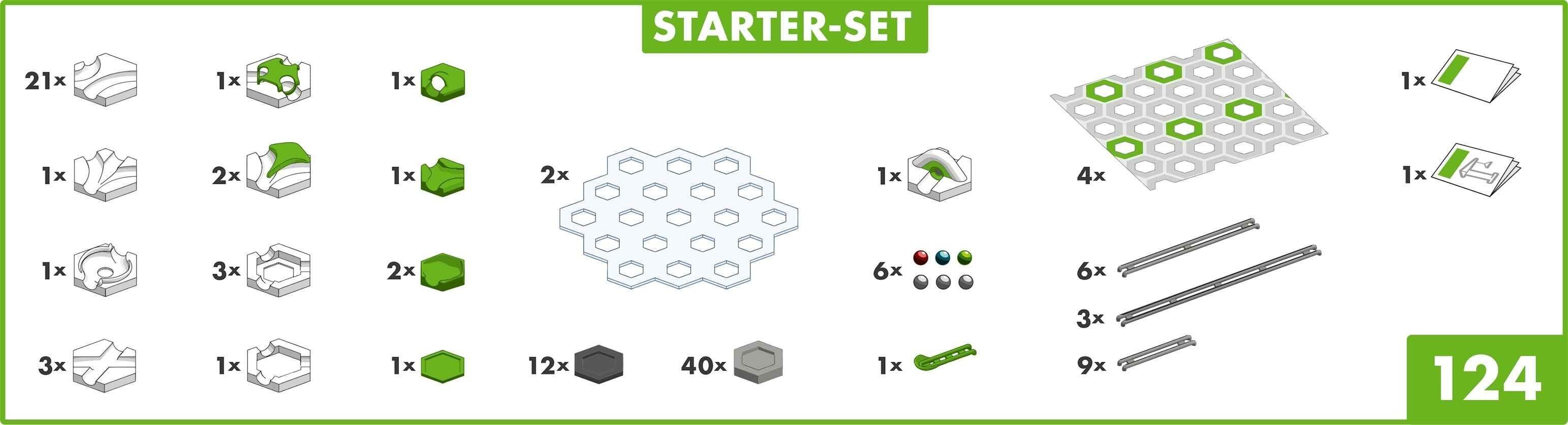GraviTrax Starter Set component overview showing track pieces and accessories