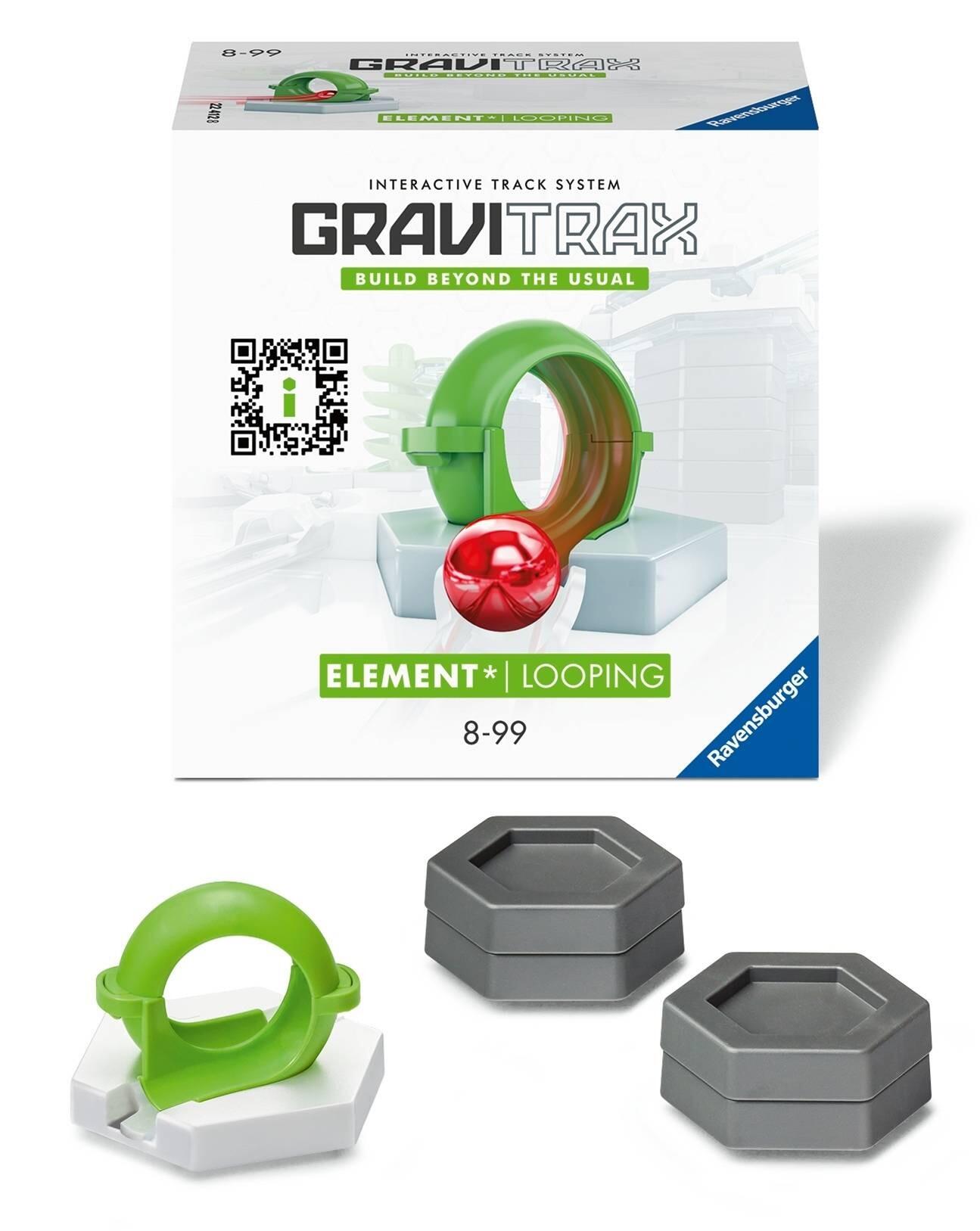 GraviTrax Loop Element box with loop piece, base tile, and riser blocks displayed in front