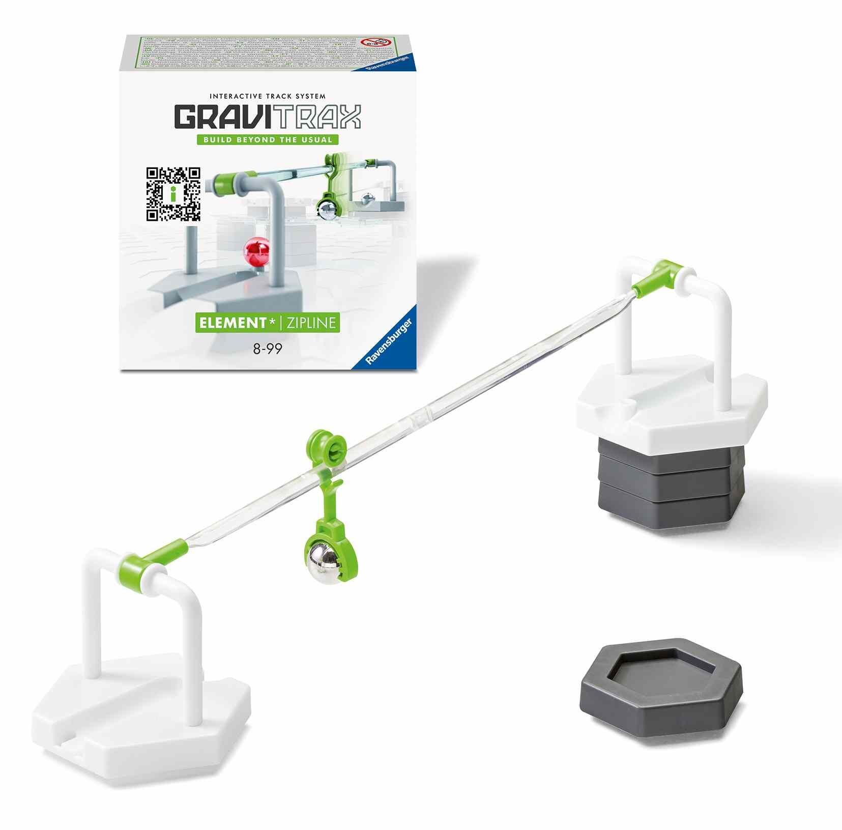 GraviTrax Zipline Element box with zipline track, connectors, and base pieces displayed in front