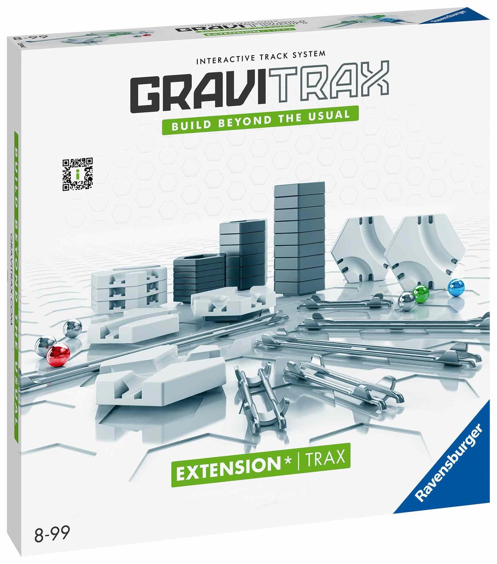 Front view of the GraviTrax Trax Pack box featuring the included track extensions