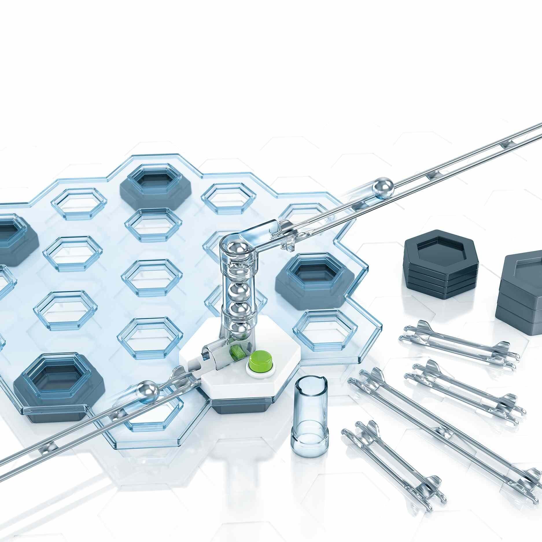 Close-up of the GraviTrax Lift Pack mechanical elevator assembled on a track layout