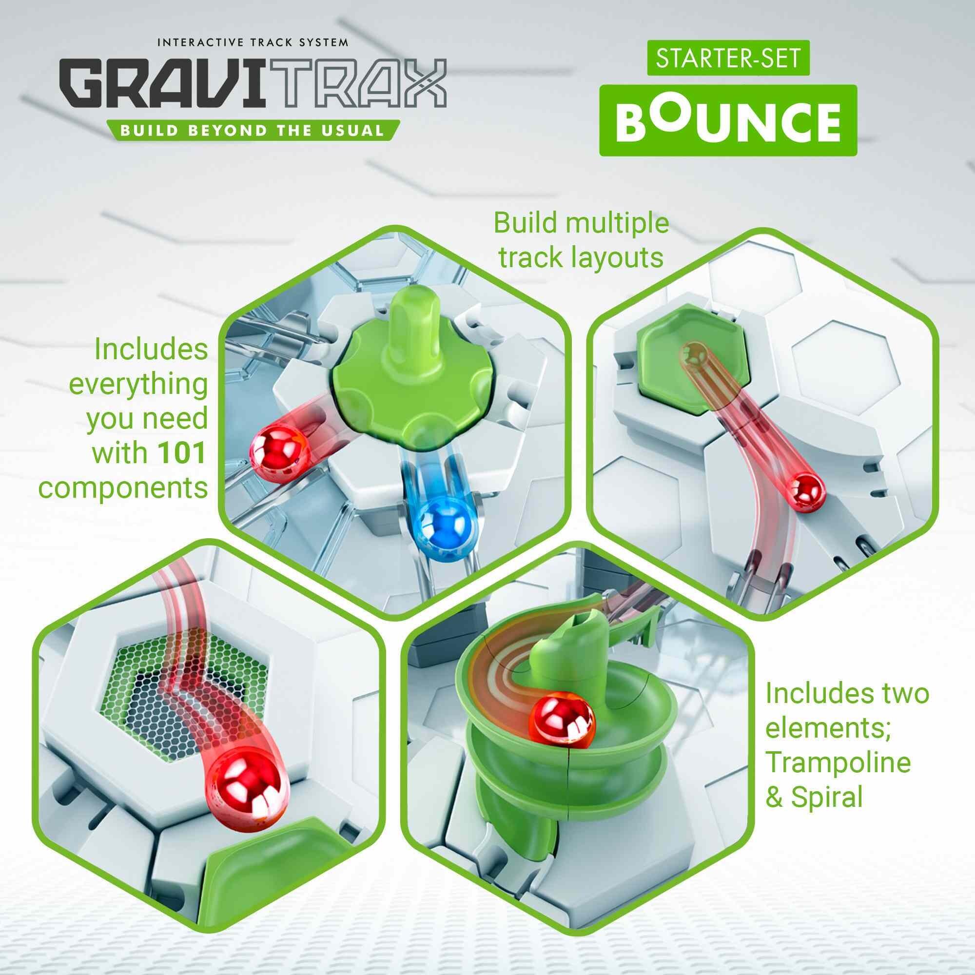 GraviTrax Bounce set packaging highlighting key action elements including the trampoline and spiral
