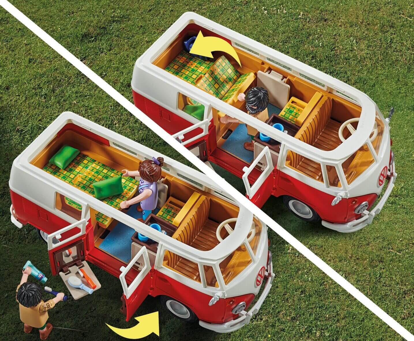 Playmobil T1 Camping Bus set with children playing around the open camper van on grass