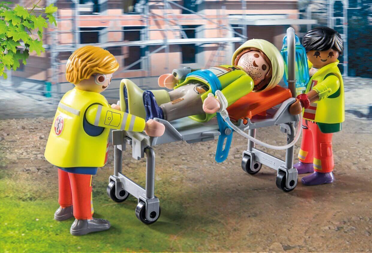 PLAYMOBIL ambulance paramedics placing patient on stretcher for rescue roleplay