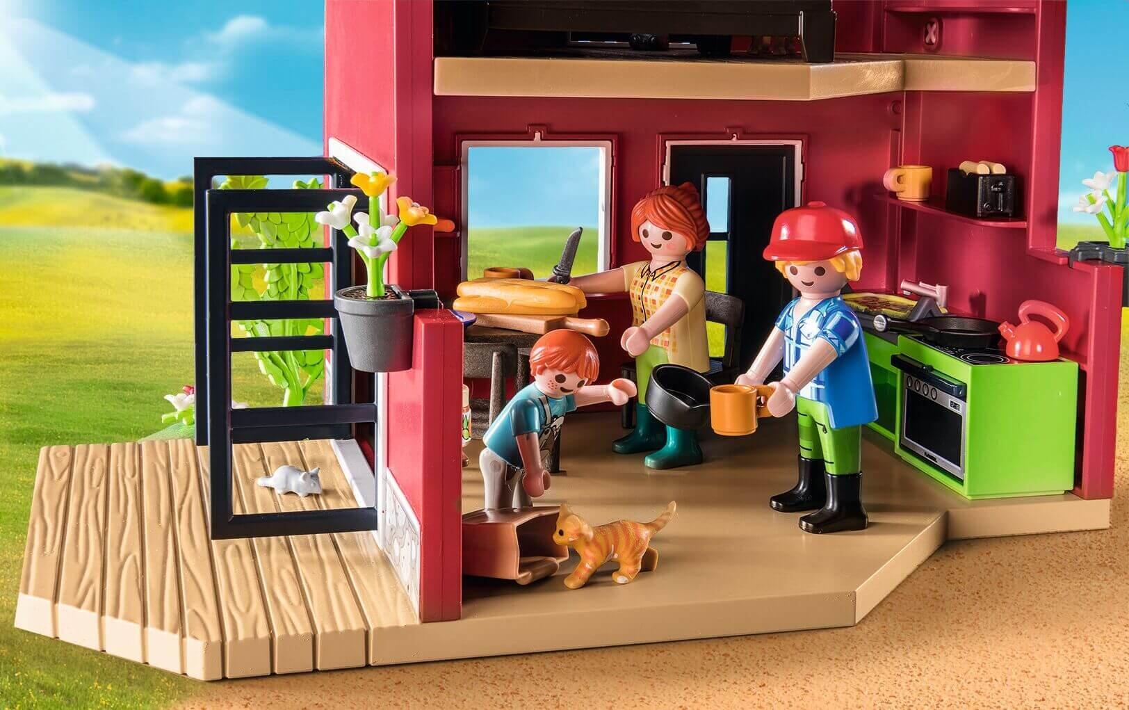 Playmobil 71248 farmhouse ground floor kitchen and porch scene with family figures and cat