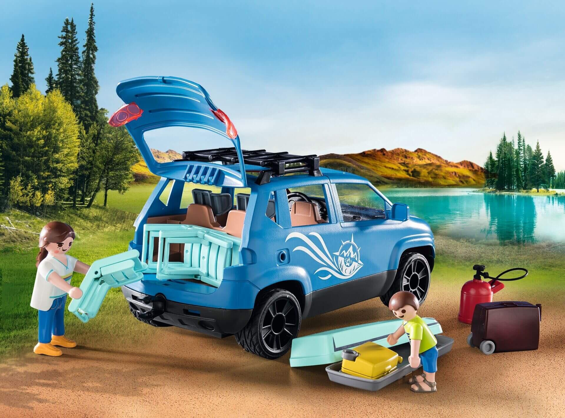 PLAYMOBIL caravan with car playset showing figures, SUV, and camping accessories – 71423 toy caravan set