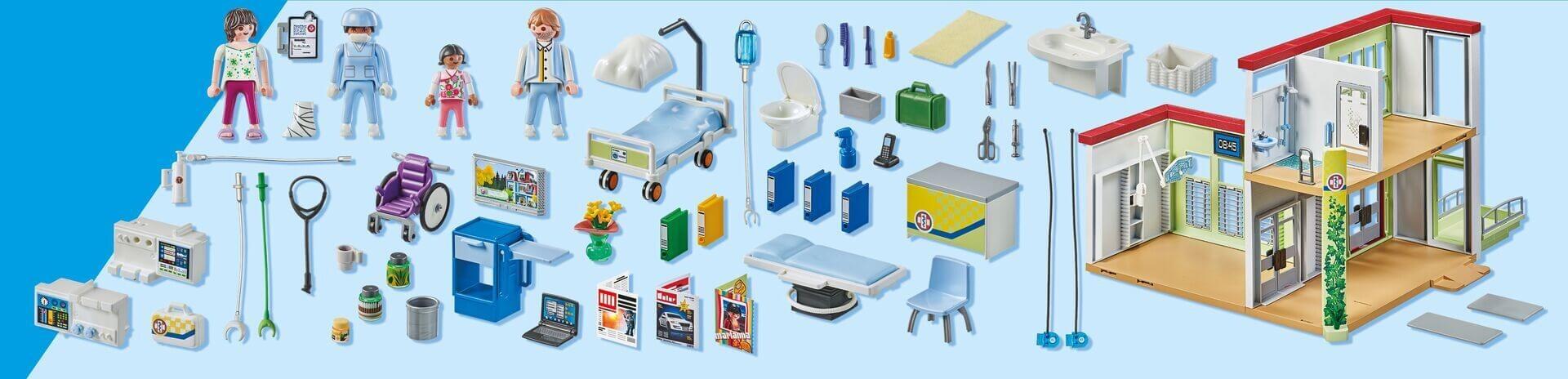 Playmobil Modern Hospital full set contents including figures, accessories, and building pieces