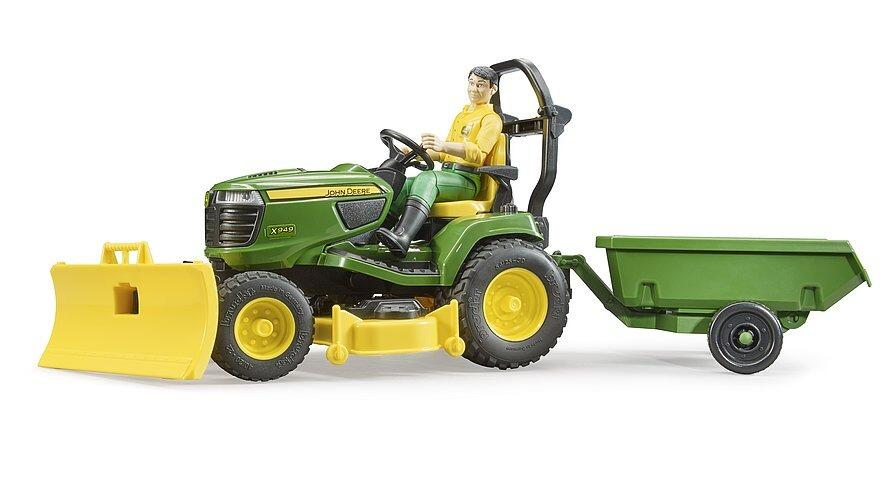 Bruder John Deere lawn tractor toy with trailer and gardener figure