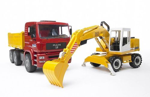Bruder MAN TGA construction tipper truck with yellow Liebherr excavator loaded on the truck bed