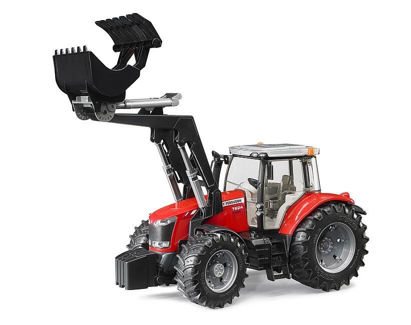 Massey Ferguson 7600 toy tractor with raised front loader bucket – Bruder model