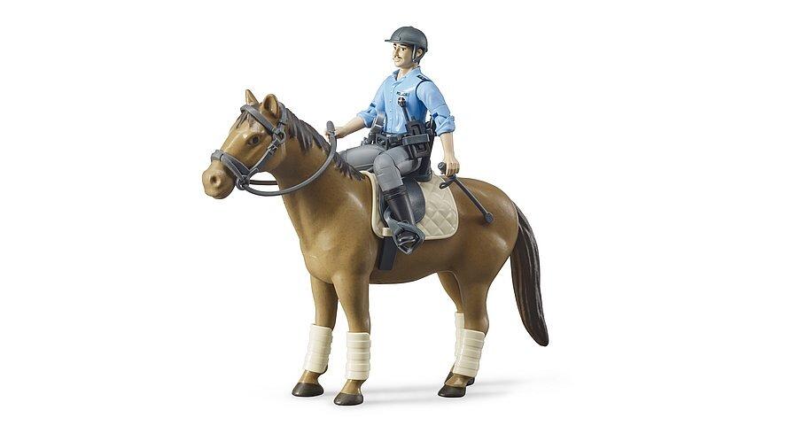 mounted police officer toy with articulated rider seated on brown horse