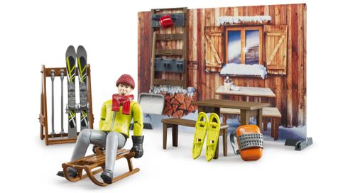 Bruder Mountain Hut with Snowmobile set – 1:16 scale alpine cabin with skier, furniture, and accessories