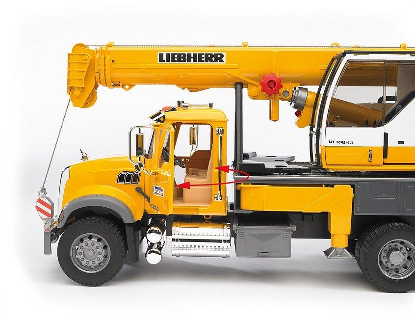 Close-up of Bruder MACK Granite cab with detailed interior and crane base