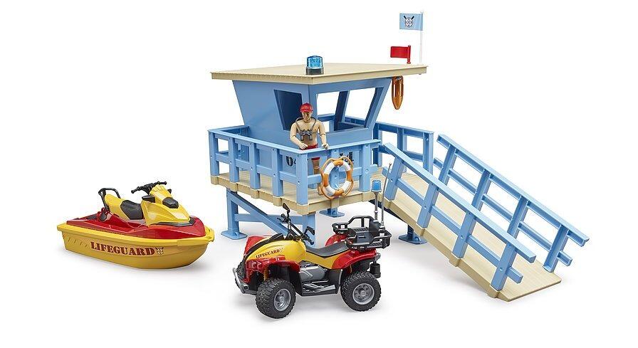 Bruder Lifeguard Station with rescue quad, floating water craft, and beach hut station.