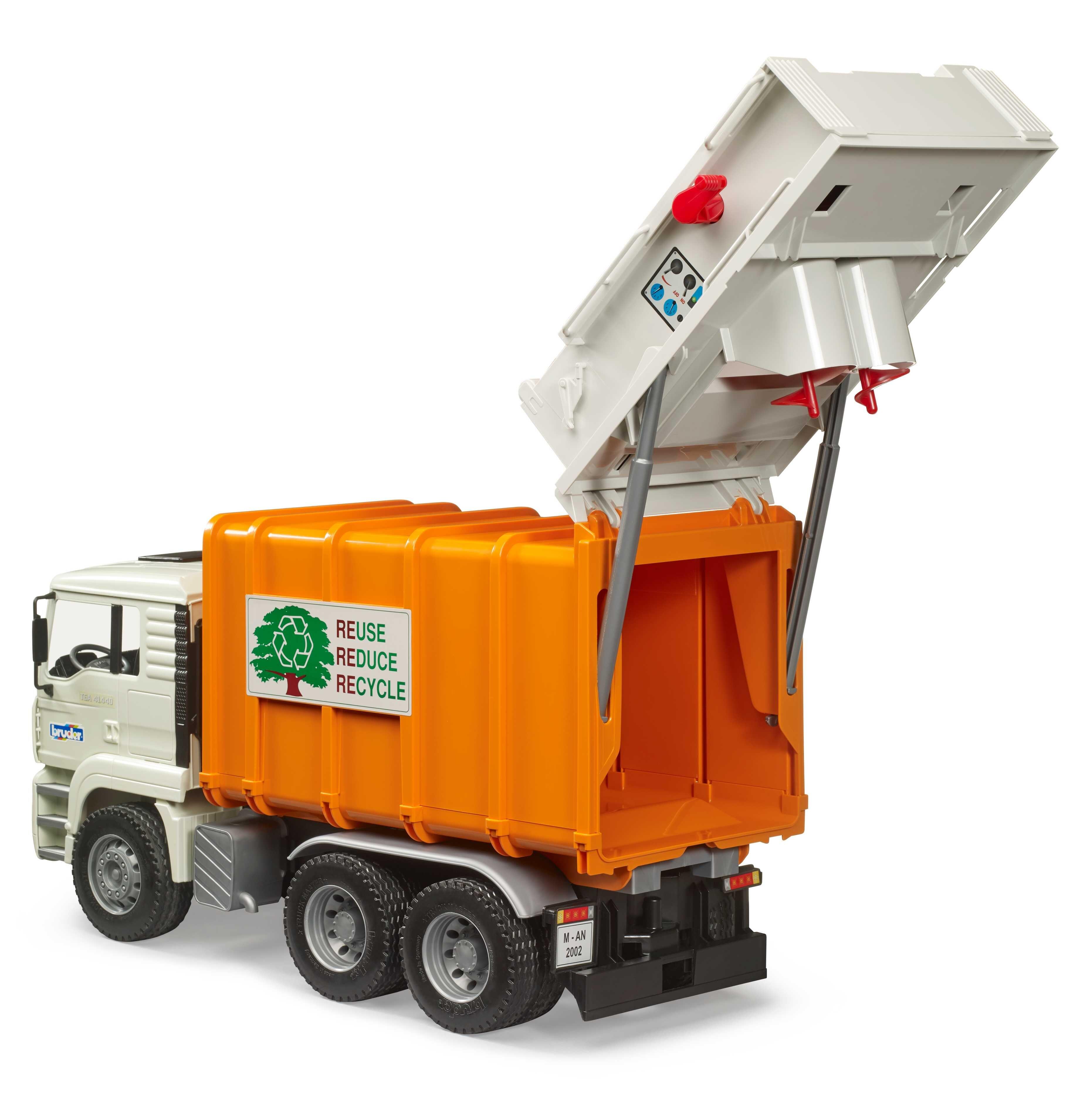 Garbage truck toy with rear container fully raised showing emptying position