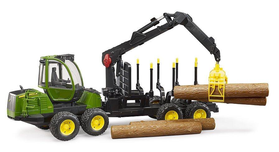 Crane arm extended forward holding a single long log ready for loading