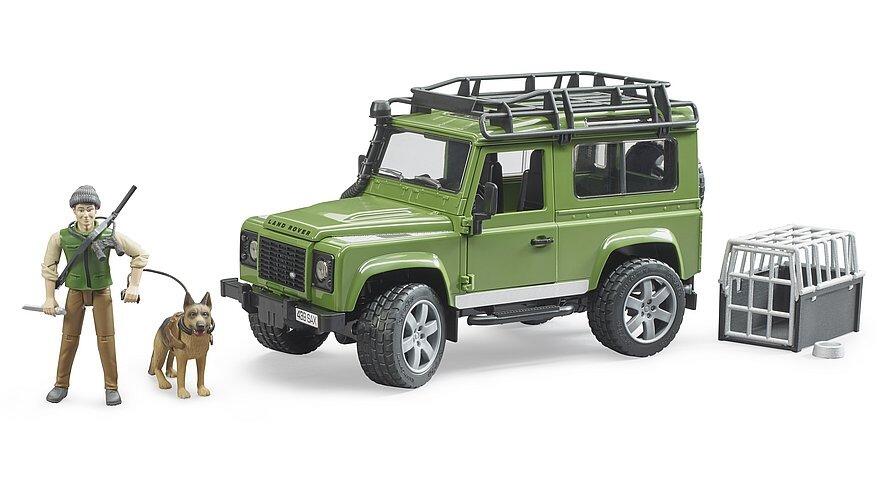 Green Land Rover Defender toy with forester figure, dog and accessories