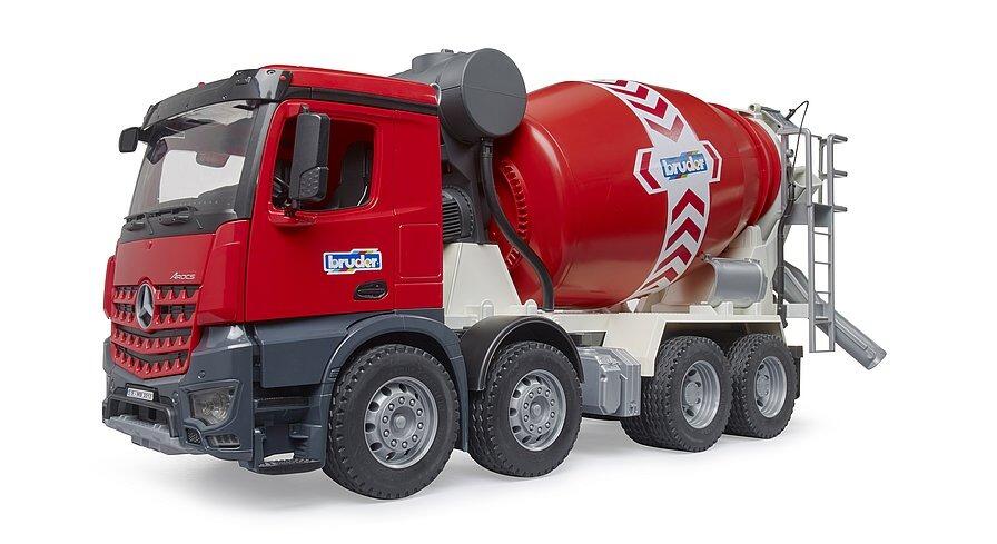 Red Arocs cement mixer toy with drum positioned for mixing and chute folded