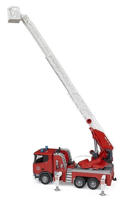 Red Scania fire truck with fully extended ladder in upright position