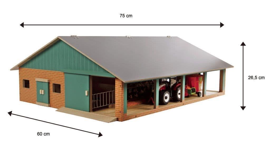 Kids Globe cattle shed with milking parlour displayed with full product dimensions at 1:32 scale.