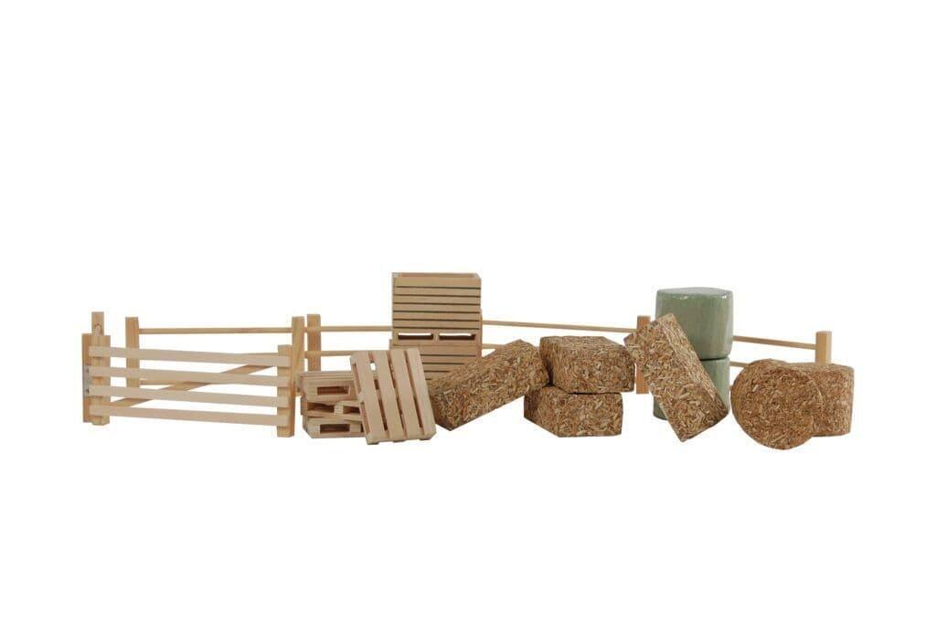 Kids Globe 1:32 farm accessory set with 19 miniature tools, fences and equipment pieces displayed together.