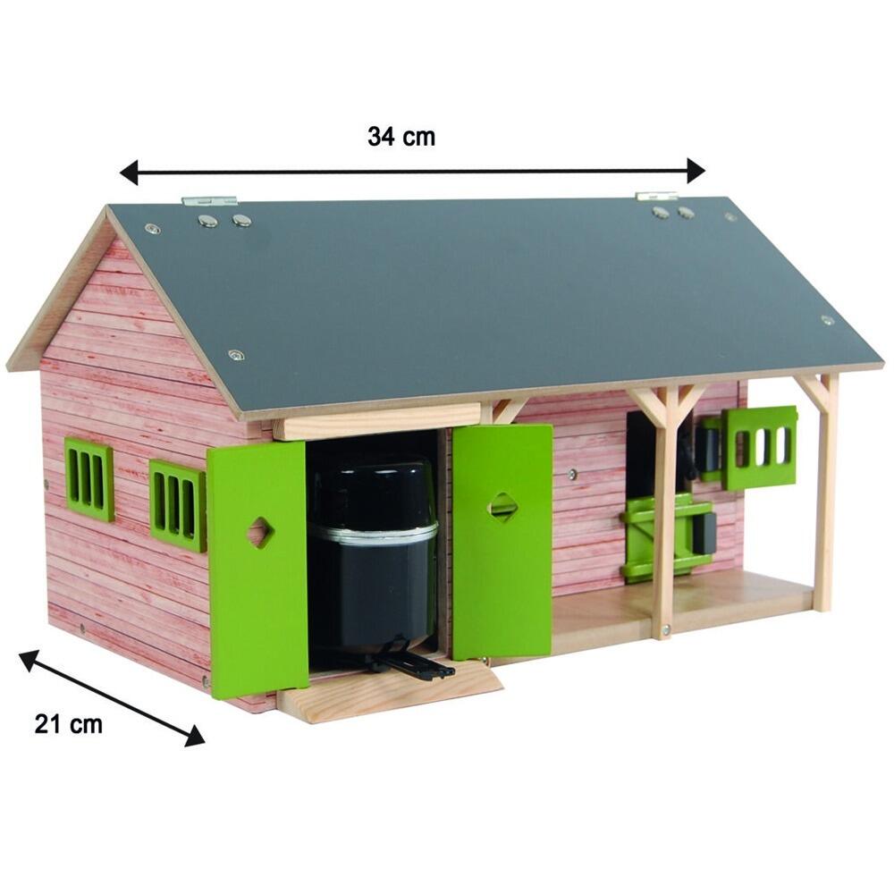 Kids Globe 1:32 horse stable with two box stalls, shown with full product dimensions.