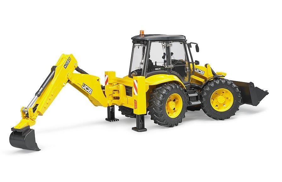 Rear excavator arm of Bruder JCB 5CX Eco Backhoe Loader extended for digging