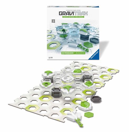 GraviTrax Building Pack box with building tiles, platforms, and components laid out in front