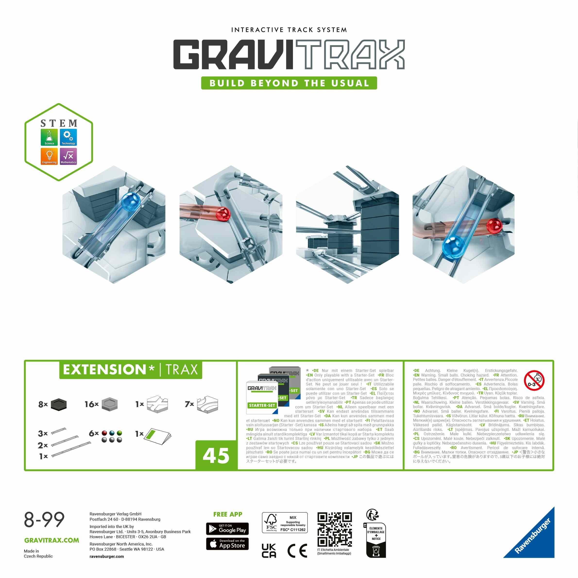 Back of the GraviTrax Trax Pack box showing track elements, tile pieces, and set contents