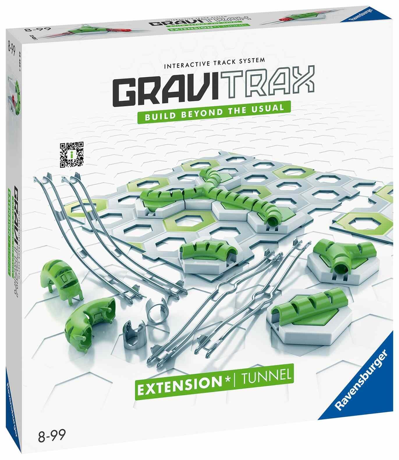 Front view of the GraviTrax Tunnel Pack box featuring tunnel and hidden track elements